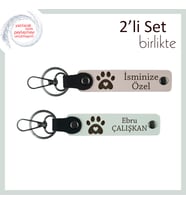 Köpeğinizin İsmini Yazdırabileceğiniz Deri Anahtarlık, Kalpli Pati Motifli 2'li Set, Pudra-Beyaz