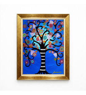 Tablore Mavi Hayat Ağacı Çerçeveli Tablo Klimt Tarzı Renkli Çiçekli Spiral Ağaç Duvar Tablosu