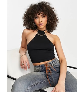 Liona Kadın Halter Yaka Siyah Crop Top Bluz