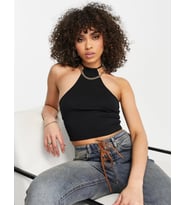 Liona Kadın Halter Yaka Siyah Crop Top Bluz
