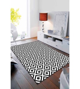 Siyah Beyaz Karo Desen Kaymaz Tabanlı Dekoratif Halı RV182 - 100 x 160 cm