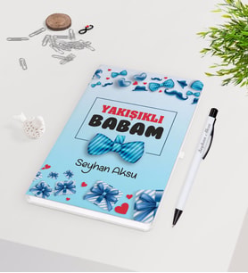 BK Gift Kişiye Özel Yakışıklı Babam Tasarımlı Beyaz Defter Kalem Seti - Model 1