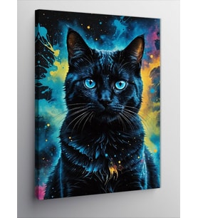 Kanvas Tablo Siyah Kedi Renkli Fon