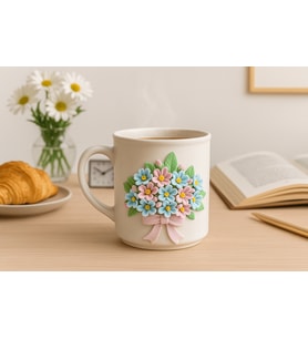 El Yapımı 3D Çiçek Kabartmalı Seramik Kupa  Premium El Emeği Mug Sanatsal Özel Tasarım Dekoratif Hediyelik (Çok Renkli-Naturel)