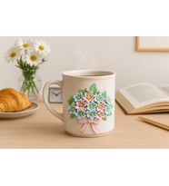 El Yapımı 3D Çiçek Kabartmalı Seramik Kupa  Premium El Emeği Mug Sanatsal Özel Tasarım Dekoratif Hediyelik (Çok Renkli-Naturel)