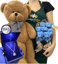 Kişiye Özel VIP Set - 925 Ayar Işıklı Kutuda Gümüş Kolye & Kahve Ayıcık & 7'li Ayıcık Buket (Model 1)