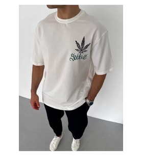 Unisex Bisiklet Yaka Baskılı Oversize T-Shirt - Beyaz