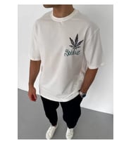 Unisex Bisiklet Yaka Baskılı Oversize T-Shirt - Beyaz