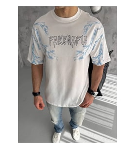 Unisex Bisiklet Yaka Baskılı Oversize T-Shirt - Beyaz