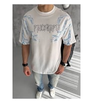 Unisex Bisiklet Yaka Baskılı Oversize T-Shirt - Beyaz