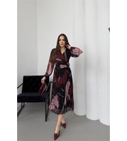 Neşeli butik kadın bordo beli kemerli piliseli şifon astarlı midi boy elbise NBELB04