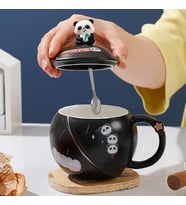 400ml Seramik Kapaklı Kaşıklı Panda Kupa Bardak Çay Kahve Bardağı Ofis Kupa Seti (Siyah)