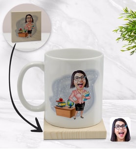 BK Gift Kişiye Özel Kadın Öğretmen Karikatürlü Beyaz Kupa Bardak ve Ahşap Bardak Altlığı Hediye Seti - Model 5