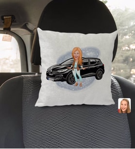 BK Gift Kişiye Özel Plakalı Kadın Renault Kadjar Karikatürlü Kare Araç Koltuk Yastığı-2