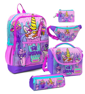 Coral High Kız Çocuk Pembe Mor Dondurma Desenli Beşli İlkokul Okul Çanta Seti (Çok Renkli)