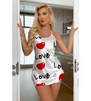 Love Desenli Beyaz Saten Gecelik