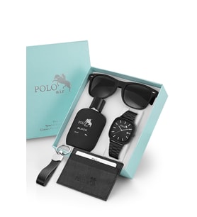 Polo Air Takvimli Hasır Metal Kordon Erkek Kol Saati Parfüm Gözlük Kartlık Anahtarlık Hediyelik Kutusunda Set Siyah Renk TR-101E1