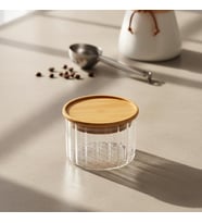 Linie Slim Bambu Kapaklı Borosilikat Cam Saklama Kabı - Çizgili Vakumlu Baharatlık, Çay ve Kahve Kavanozu - 200ml ve 300ml Seçenekleri (200ml)