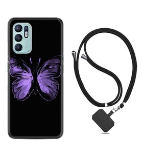 Oppo Reno 6 Kılıf Resimli Boyun Askılı İpli Desenli Silikon Series Black Butterfly 1879