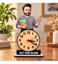 Fotoğraftan Kişiye Özel Erkek Öğretmen Karikatürlü 18 cm MDF Dikey Masa Saati - Öğretmen Hediyesi Öğretmenler Günü Hediyesi Okul