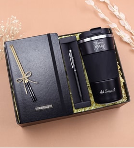 Kişiye Özel Kendin Tasarla Siyah 500 Ml Çelik Termos & Siyah Touch Pen & Siyah Defter & 2'li Doğum Günü Mum Hediye Seti