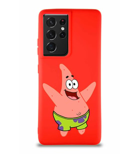 Samsung Galaxy S21 Ultra Soft Premier Kapak Patrick Yıldız Tasarımlı Silikon Kılıf - Kırmızı (Şeffaf)