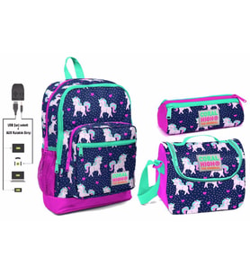 Coral High USB ve AUX Çıkışlı Okul Çanta Seti - Kız Çocuk - Pembe Unicorn Baskılı