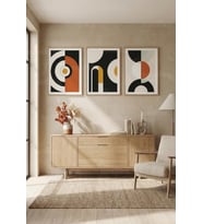 Sıcak Tonlarda Modern Geometrik Soyut Sanat 3’lü Ahşap Çerçeveli Tablo Seti