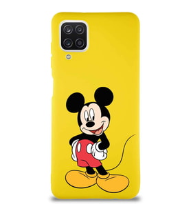 Samsung Galaxy A12 Soft Premier Kapak Mickey Mouse-E Tasarımlı Silikon Kılıf - Sarı (Şeffaf)