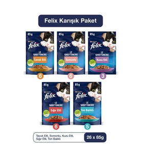 Karışık Yetişkin Kedi Yaş Maması 26 x 85 gr (Tavuklu, Sığır Etli, Somonlu,Ton Balıklı ve Kuzu Etli) (Mavi)