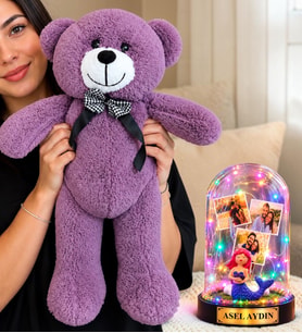 Kişiye Özel 3 Fotoğraflı Renkli LED Işıklı Fanus (denizkızı) ve 50 cm Büyük Mor Peluş Ayıcık