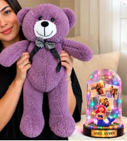 Kişiye Özel 3 Fotoğraflı Renkli LED Işıklı Fanus (denizkızı) ve 50 cm Büyük Mor Peluş Ayıcık