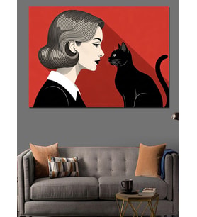 Kara Kedi Ve Kadın Profili Dekoratif Kanvas - Mdf Ahşap Tablo