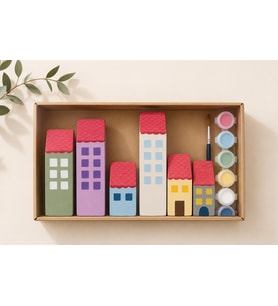 Ahşap Boyama Seti - 6 Parça Mini Şehir Evleri Kendin Yap (DIY) Aktivite Kitolojisi (Boya ve Fırça Da