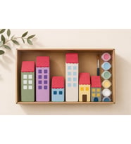 Ahşap Boyama Seti - 6 Parça Mini Şehir Evleri Kendin Yap (DIY) Aktivite Kitolojisi (Boya ve Fırça Da