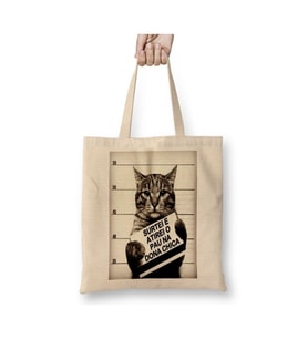 Gato Bad Cat Kedi Suçlu Mahkum Beyaz Bez Çanta Uzun Saplı Alışveriş Çantası Plaj Çantası