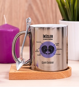 Kişiye Özel İkizler Burcuna Hediye Ahşap Altlıklı Silver Kupa Bardak