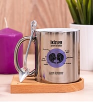 Kişiye Özel İkizler Burcuna Hediye Ahşap Altlıklı Silver Kupa Bardak