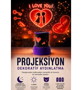 Projeksiyon Dekoratif Aydınlatma Kalp Yıldız I Love You Temalı 3D Yansıtma Gece Lambası 2 Modlu