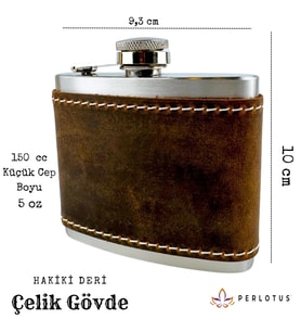 Perlotus 5 Oz 150 cc Fındık Kahverengi Crazy Deri Kılıflı El Yapımı Çelik Viski