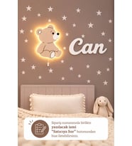 El Boyaması Ahşap Ayıcıklı Lamba & Işıksız İsimlik Seti – İsimli Bebek ve Çocuk Odası Dekoru