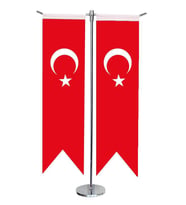 Masa Üstü Kırlangıç İkili Türk Bayrağı + Krom T Direk Masa Bayrak Seti