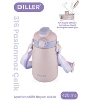 DILLER 420 ML Pipetli/Pipetsiz Tek Kapak Çift Kullanım Askılı Çelik Termos Su Matarası 6 saat sıcak/soğuk