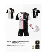 Juventus Cristiano Ronaldo Siyah Beyaz Futbol Çocuk Forması 2019 Sezon 4'lü Set Forma + Short+Çorap+Bileklik
