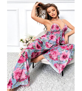 ÖzelTasarım Büyük Beden Kırmızı Çiçek Desenli Bol Kesim 2'li Pijama Takımı (Çok Renkli)