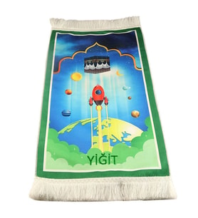 İsme Özel Çocuk Seccadesi Roket - Yeşil 82×45 cm 110 gr - Tesbih Hediyeli