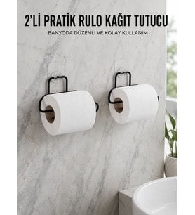2 Adet Siyah Yapışkanlı Kağıtlık Duvar Tipi Tuvalet Kağıdı ve Rulo Tutucu