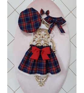 Eylülce Butik Lacivert Ekoseli Etek & Şapka & Vıntage Yaka & Toka Takım