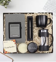 Kişiye Özel Gri Telefon Cepli Defter & Kalın Metal Roller Kalem & Siyah French Press & Siyah Kupa & Siyah Metal Kutulu Mum Hediye Seti