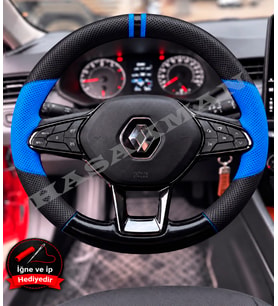 Renault Express Dikme Direksiyon Kılıfı Delikli Deri Parlak Siyah Mavi Detay Çift Yüzük ve Dikiş 2021-2024
